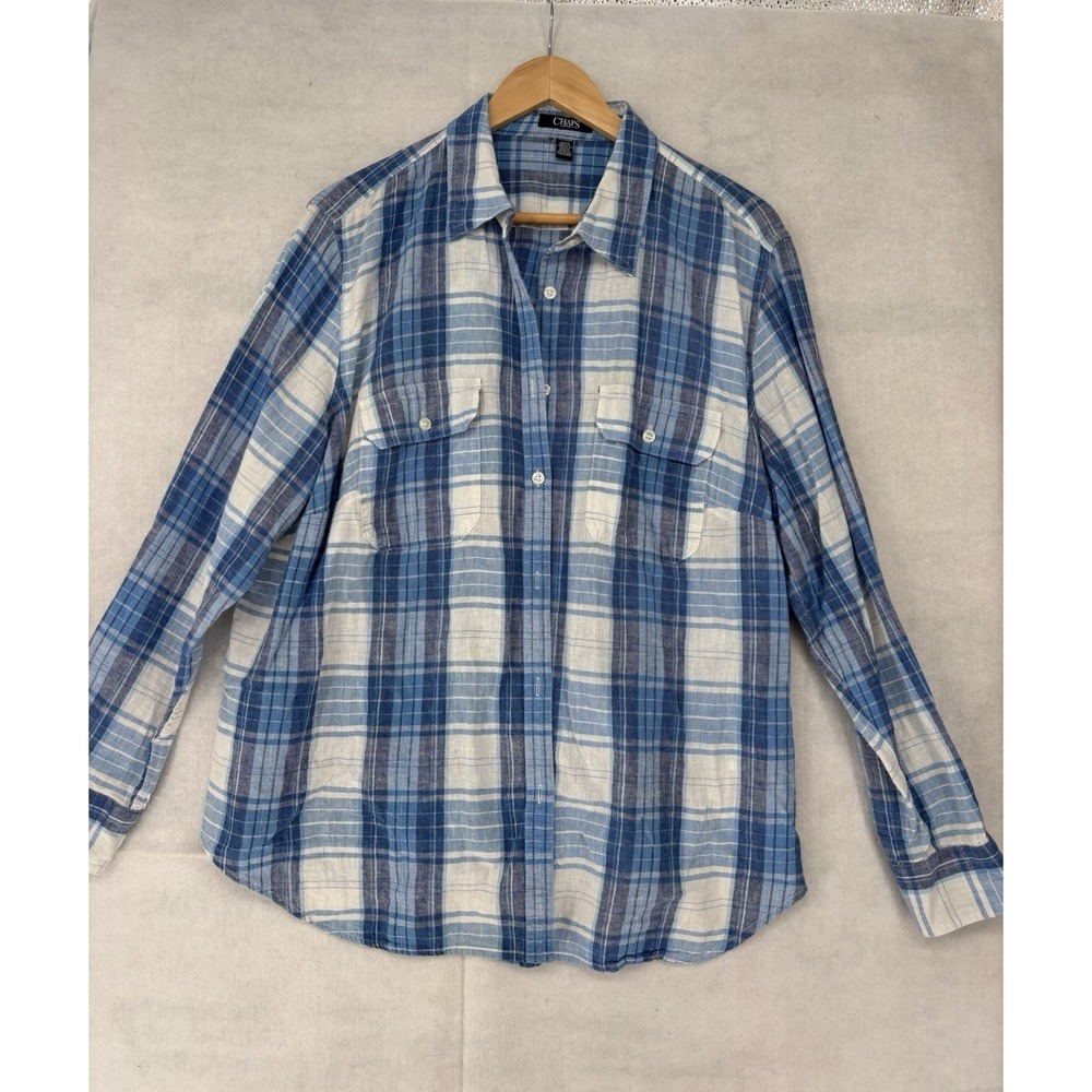 Chaps Women 2X Button Up Linen Blend Blue Plaid Long Sleeve Shirt Top Classic